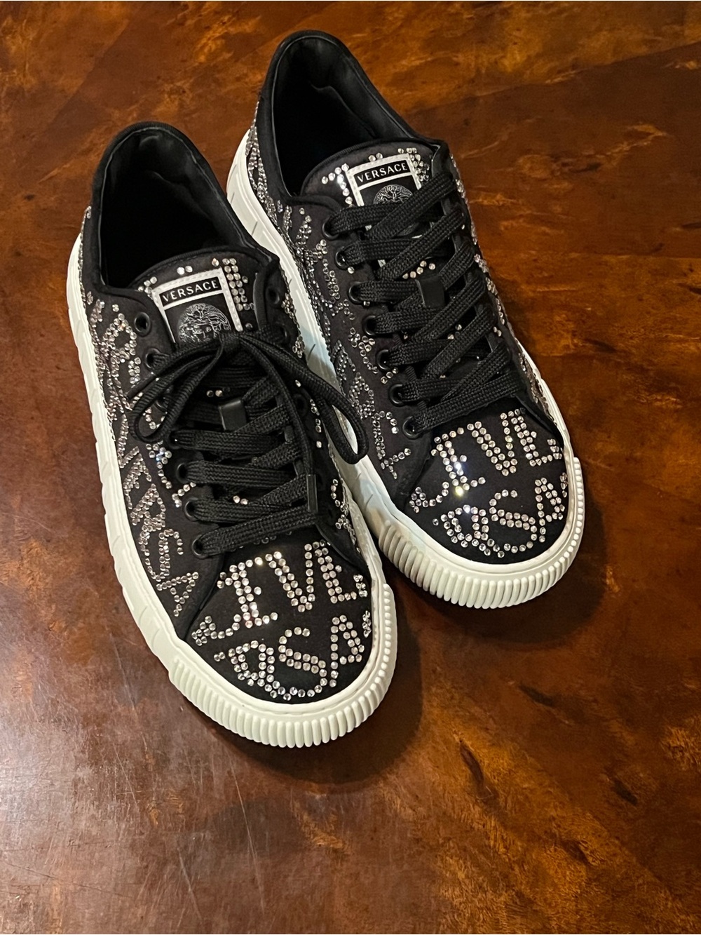 Versace Black Crystal-Studded Low-Top Sneakers with White Sole